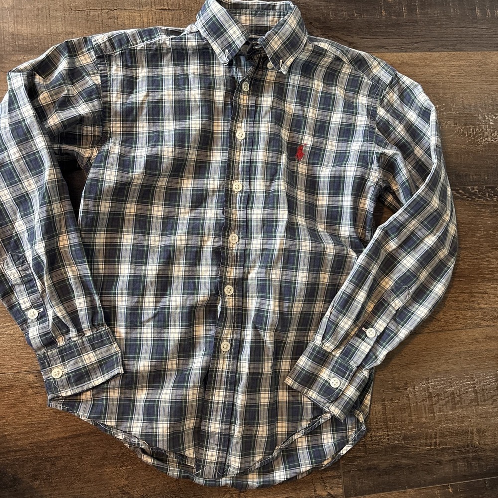 Ralph Lauren Boys Small 8/10 Button Up Plaid Shirt Blue Green Preppy Pony